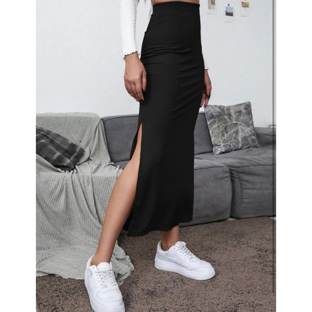 NEW Split Ribbed Knit Bodycon High Waisted Side Slit Pencil Maxi Skirt S - Picture 4 of 6